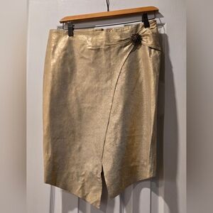 Bebe Shimmering Gold Leather Asymetrical Pencil Skirt With Brooch